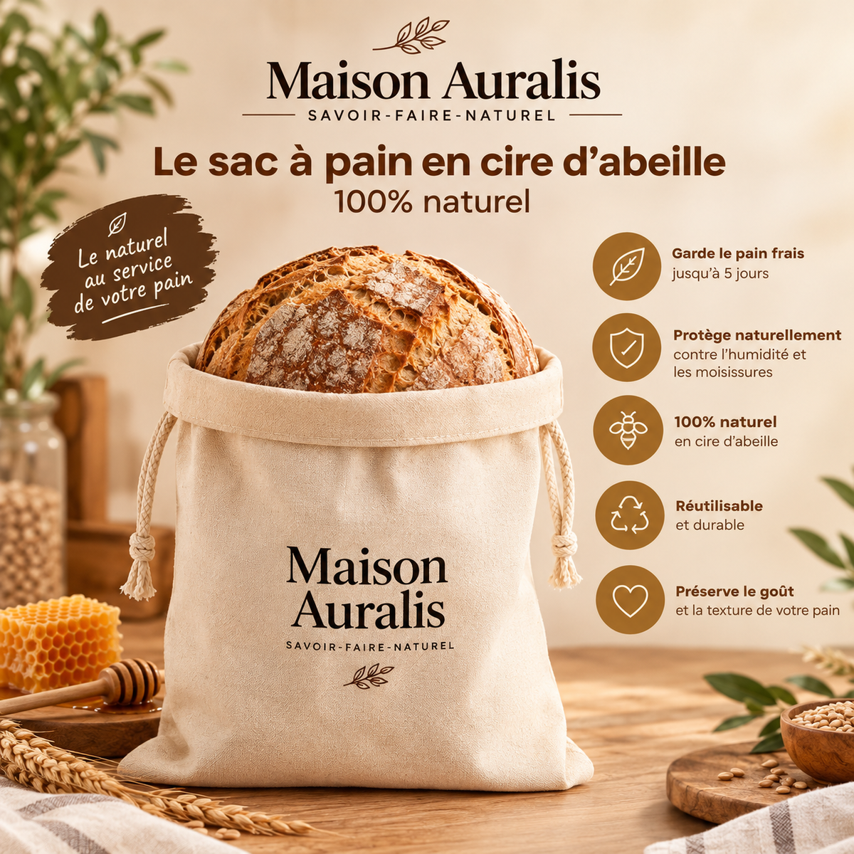 Sac à Pain en Cire d'Abeille Maison Auralis — Format 30 x 40 cm